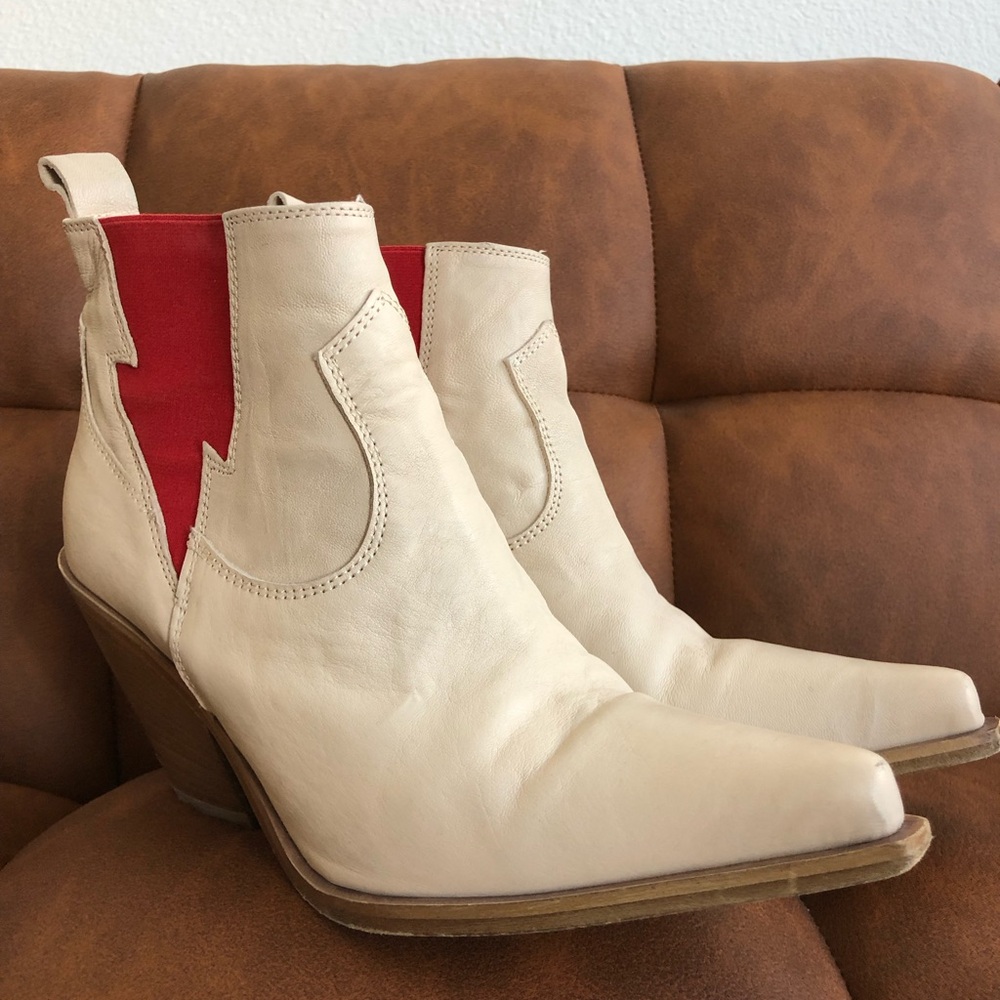 FREE PEOPLE Women’s Leather Flash BOLT Western Ankle Boot Bone & Red EU 36